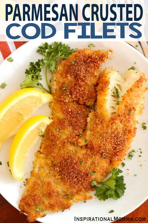 This parmesan crusted cod is coated in a seasoned parmesan breadcrumb mixture and baked to golden perfection. Easy, healthy, and so good! #inspirationalmomma #parmesancrustedcod #parmesancrustedcodrecipe Cod Parmesan Crusted, Cod Fish Recipes Baked Parmesan Crusted, Parm Crusted Cod, Parmasean Crusted Tilapia Baked, Breaded Tilapia Recipes Baked Parmesan Crusted, Parmasean Crusted Salmon, Parmesan Crusted Cod, Crusted Cod, Baked Cod Recipes