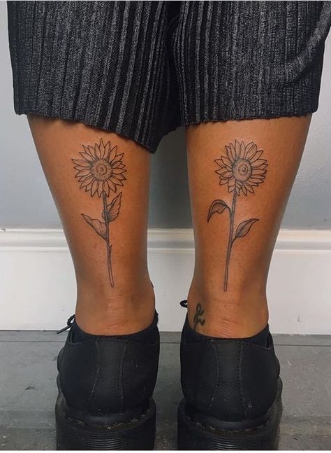 Sunflowers back of calf tattoo Sunflower Tattoo Back Of Leg, Sunflower Tattoo Calf, Sunflower Tattoo On Leg, Sunflower Tattoo Leg, Sunflower Leg Tattoo, Back Calf Tattoos For Women, Womens Calf Tattoo, Back Of Calf Tattoo, Tattoo On Calf