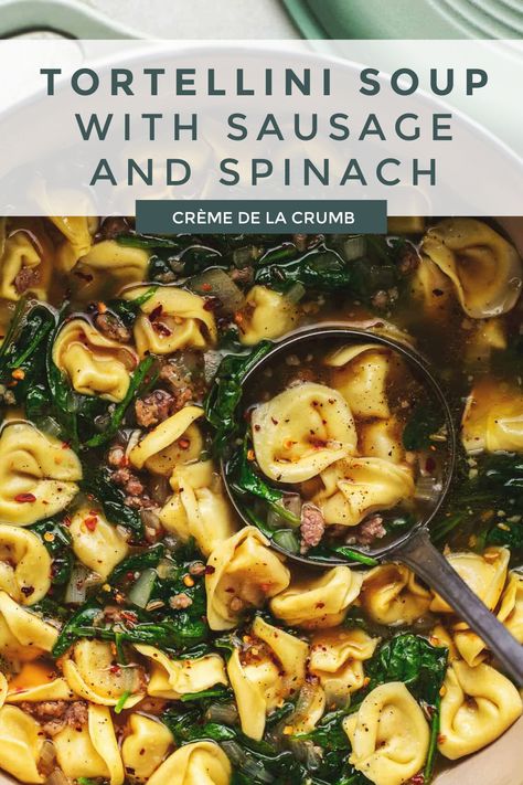 This Tortellini Soup with Sausage and Spinach is a comforting and hearty soup that combines the rich flavors of sausage, tender tortellini pasta, and vibrant spinach in a flavorful broth! Perfect for chilly evenings or as a nourishing meal any time of the year! Spinach Sausage Tortellini Soup, Soups With Spinach, Creamy Sausage Spinach Tortellini Soup, Kale Tortellini Soup Sausage, Sausage Tortellini Soup Healthy, Tortellini Sausage Spinach Soup, Sausage Spinach Tortellini Soup, Sausage Spinach Soup, Soup With Sausage And Spinach