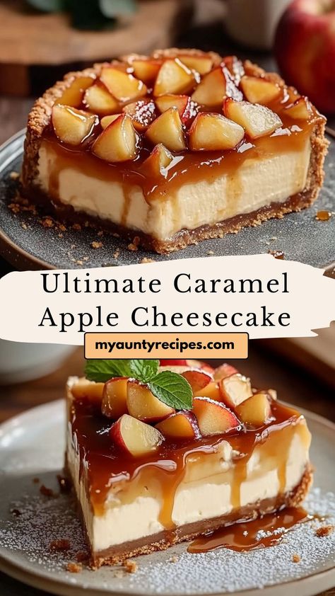 Experience the ultimate dessert fusion with this Caramel Apple Pie Cheesecake Delight. Rich, creamy cheesecake meets spiced apple filling and a drizzle of caramel, all on a buttery crust. Perfect for fall gatherings, this decadent treat will have everyone asking for seconds! Salted Caramel Apple Cake, Apple Strudel Cheesecake, Fruit Cheesecake Recipes, Roll Desserts, Cinnamon Roll Desserts, Cheesecake Delight, Best Apple Desserts, Apple Pie Cheesecake, Caramel Apple Crisp