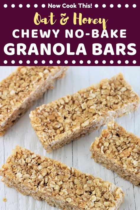 These would be heavenly dipped in Chocoley Chocolate! These homemade Oat and Honey Chewy No-Bake Granola bars are so quick, easy, and delicious that you may never buy granola bars again. Plus, you can customize them with your favorite add-ins and toppings. Click through for the recipe! #homemadegranolabars #chewygranolabars #granolabars #healthysnacks | nowcookthis.com No Bake Healthy Granola Bar Recipe, 3 Ingredient Granola Bars, Made Good Granola Bar Recipes, Oat Honey Bars, Sunbelt Bakery Granola Bars Recipe, Sunbelt Granola Bars Recipe, Homemade Gronala Bars, Homemade Granola Bars No Bake, Honey Granola Bar Recipe