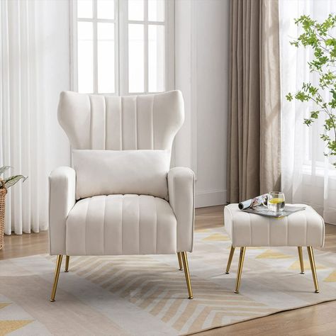 Furniture Accent Chair with Ottoman Velvet Modern Wingback Club Chair Upholstered Reading Armchair with Gold Metal Legs for Living Room/Bedroom, Cream Living Room Occasional Chairs, Velvet Wing Chair, Occasional Chairs Living Room, Bedroom Cream, Modern Occasional Chairs, Ottoman Velvet, Accent Chair With Ottoman, Reading Armchair, Relax Chair