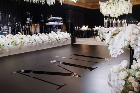 Black Dance Floor Wedding Receptions, Modern Dance Floor Wedding, Black Wedding Dance Floor, Luxe Black And White Wedding, Black Dancefloor Wedding, Classy Wedding Dance Floor, Wedding Black Backdrop, Wedding Ceremony With Tables Set Up, Dance Floor Wrap Wedding