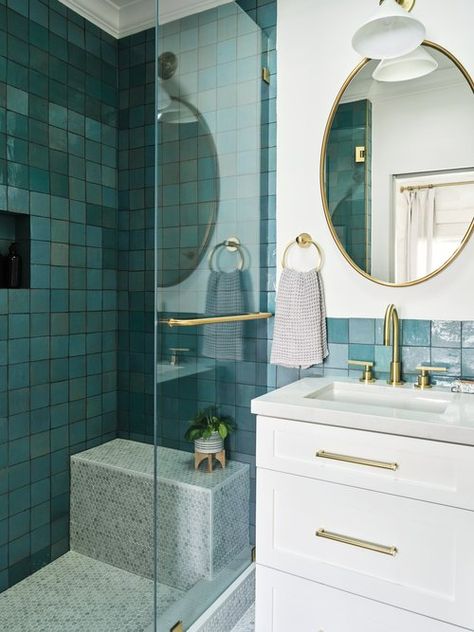 Palisades House for a Growing Family | Pacific Palisades, CA — Mandy Cheng Design Hexagon Shower Floor, Blue And White Bathroom, Teal Bathroom, Frameless Glass Doors, Shower Wall Tile, Shower Floor Tile, White Subway Tiles, Shower Fixtures, Transitional Bathroom