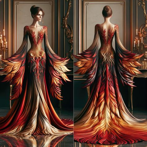 Fire Dress Art, Phoenix Dress Gowns, Phoenix Inspired Dress, Phoenix Inspired Gown, Phoenix Gown, Fire Inspired Dress, Phoenix Outfits, Phoenix Dress, Phoenix Costume