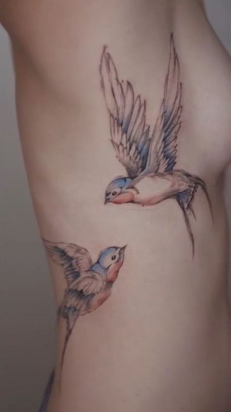 Learn the swallow tattoo meaning, its belonging to different cultures, and to whom such a design will suit the most. Bonus: the best unique designs inside. Two Birds Tattoo, Swallow Tattoo Design, Swallow Bird Tattoos, Bird Tattoo Back, Vogel Tattoo, Sparrow Tattoo, Swallow Tattoo, Muster Tattoos, Geniale Tattoos