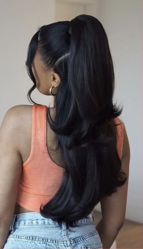 Mid Length Sew In, Baby Shower Hairstyles Long, Hair Ideas For Birthday, Half Up Half Down Blowout, Long Silk Press, Jet Black Hair Black Women, Long Hairstyles Black Women, Wedding Hairstyles Straight Hair, Bridal Hair Black Women