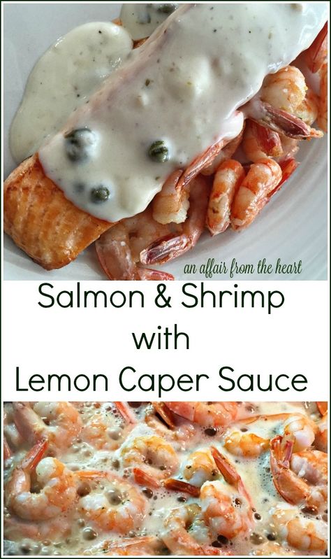 This healthy salmon with lemon caper butter sauce recipe is so delicious and easy to make! Creamy and savory, the white wine sauce is cooked to perfection and drizzled over tender salmon and shrimp. Caper Sauce For Salmon, Easy Shrimp Sauce, White Sauce For Fish, Salmon Loaf Recipes, Shrimp With Lemon, Lemon Butter Caper Sauce, Salmon With Lemon, Lemon Caper Sauce, Caper Sauce