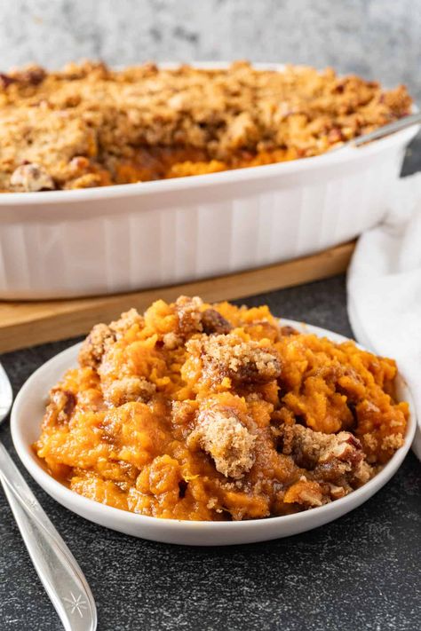 sweet potato souffle on plate Sweet Potato Souffle Recipes, Sweet Potato Soufflé, Potato Spuds, Potato Souffle, Mandarin Orange Salad, Best Sweet Potato, Pecan Pie Cookies, Sweet Potato Souffle, Gluten Free Sweet Potato