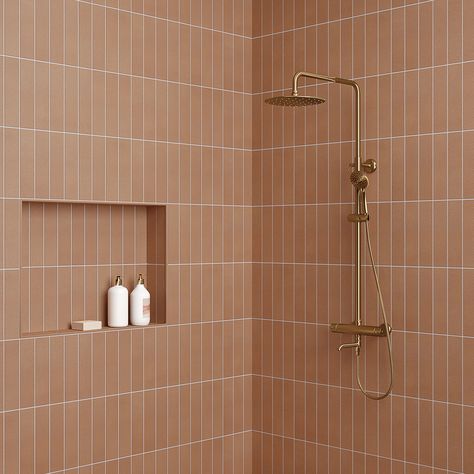 Gallery | Celine Tile in Bathroom | Bedrosians Tile & Stone | Bedrosians Tile & Stone Fire Clay Tile Bathroom, Terracotta Shower Tile, Mc Bathroom, Wood Tile Shower Ideas, Shower Tile Inspiration, Fox Bathroom, Terracotta Tiles Bathroom, Nyc Bathroom, Terracotta Bathroom