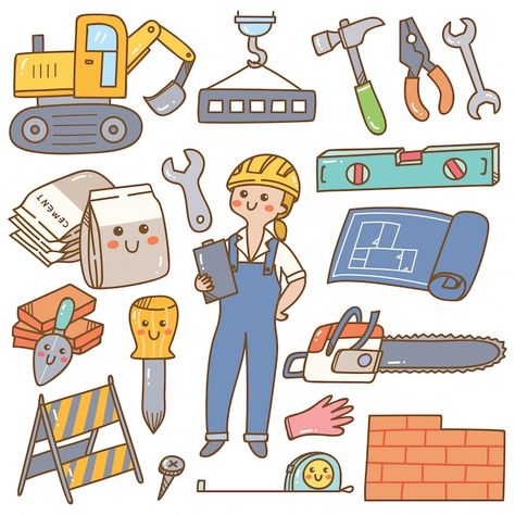 Engineer Cartoon, Vector Building, Bright Illustration, Kawaii Doodle, Building And Construction, Illustration Series, School Murals, Construction Drawings, Kawaii Doodles