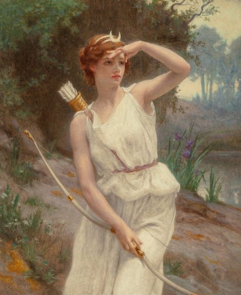 Diana The Huntress, Mythology Paintings, Greek Paintings, The Huntress, Architecture Tattoo, Roman Mythology, Bow And Arrow, Nature Posters, Mythology Art