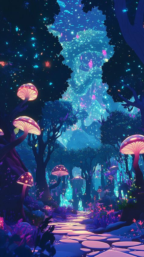 A mystical forest where trees have glass-like leaves, glowing mushrooms float in mid-air, and ethereal creatures dance under a kaleidoscopic sky filled with swirling stars. Fantasy Mushroom Forest, Fantasy Mushroom, Hero Comic, Glowing Mushrooms, Comic Ideas, Mushroom Forest, Mystical Forest, Mystical Creatures, Superhero Comic