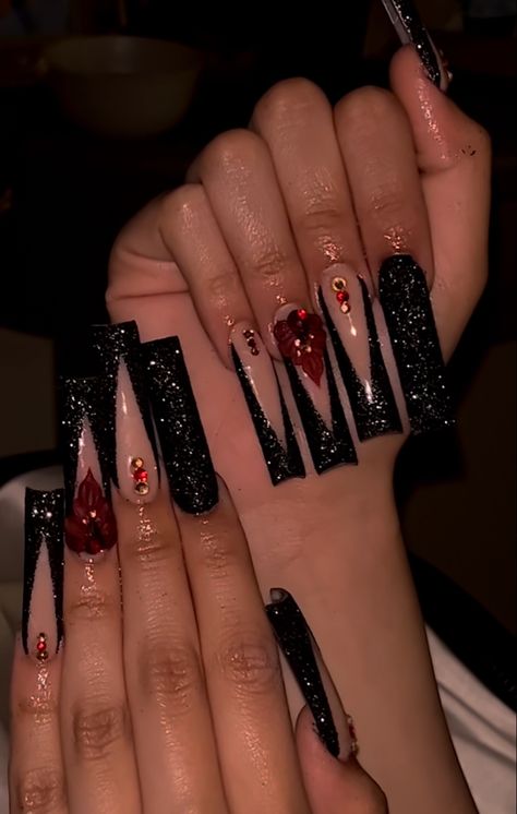 Wedding Nails Red And Black, Prom Nails Acrylic Red And Black, Mascarade Nail Designs, Black And Red Nails For Prom, Black Red Bottom Nails With Rhinestones, Black And Red Nails With Rhinestones, Nails Acrylic Black Design, Dark Color Acrylic Nails, Masquerade Nail Ideas