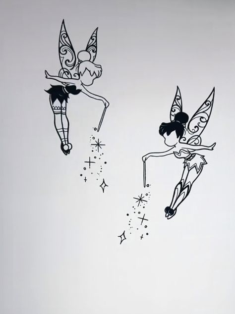 Tinkerbell Matching Tattoos, Matching Tattoos Sisters And Mom, Tinkerbell And Friends Tattoo, Matching Tinkerbell Tattoos, Matching Disney Tattoos Sisters, Disney Fairy Tattoo, Disney Duo Tattoos, Black Tinkerbell Tattoo, Sister Fairy Tattoos