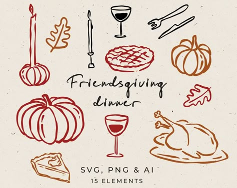 Hand-drawn set Friends Giving Illustrations in Whimsical style. This set includes 15 hand-drawn main attributes of Thanksgiving Dinner such as a turkey, pumpkin pie, wine, candles, leaves, pumpkin etc. If you are looking for a clipart to create an invitation for a Thanksgiving party, dinner invitation, menus, etc. Easy editable in Canva. PERSONAL USE: It can be used for end products, not for sale. You may not forward, share, sell, or distribute this product. They are provided for non-commercial use only. You aren't allowed to resell my product as your own on Etsy and other selling platforms. COMMERCIAL USE If you want to use these illustrations for commercial purposes, you must buy a Commercial License listing. This type of license allows you to use illustrations for creating up to 500 end Thanksgiving Dry Erase Board Ideas, Friendsgiving Poster Ideas, Countdown To Thanksgiving, Thanksgiving Dinner Illustration, Thanksgiving Food Illustration, Thanksgiving Digital Art, Friendsgiving Clipart, Thanksgiving Illustration Art, Thanksgiving Drawings Doodles