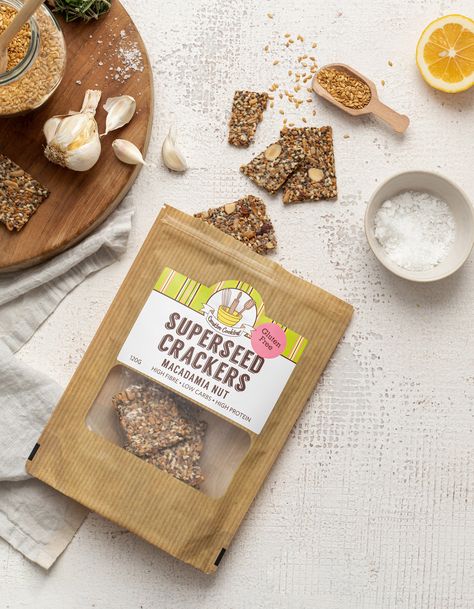 Superseed Crackers | Low Carb, Keto, Gluten-Free and Vegan Crackers Crackers Photography, Crackers Packaging, Cracker Packaging, Seeds Crackers, Snacks Photography, Cracker Flavors, Salt Crackers, Healthy Crackers, Biscuit Packaging