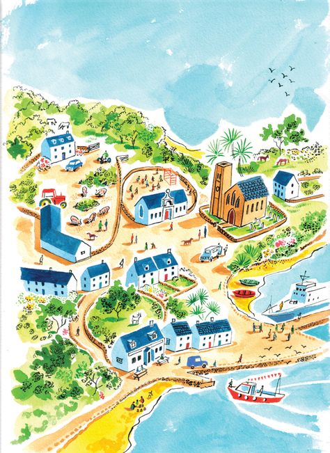 Sarah McMenemy #Illustration #seaside #beach #seas #watercolour Beach Map Illustration, Watercolour Map Illustration, Village Map Illustration, Seaside Town Illustration, Village Map Drawing, Town Map Illustration, Port Illustration, Sarah Mcmenemy, Whimsical Map