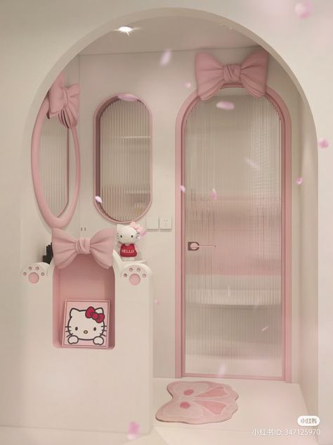 Hello kitty pink and white bathroom house apartment Spooky But Cute, Hello Kitty Bathroom, Gaming Studio, Custom Drapery Panels, Luxury Kids Bedroom, Normal House, Clothing Store Interior, Alice Tea Party, Interior Design Your Home