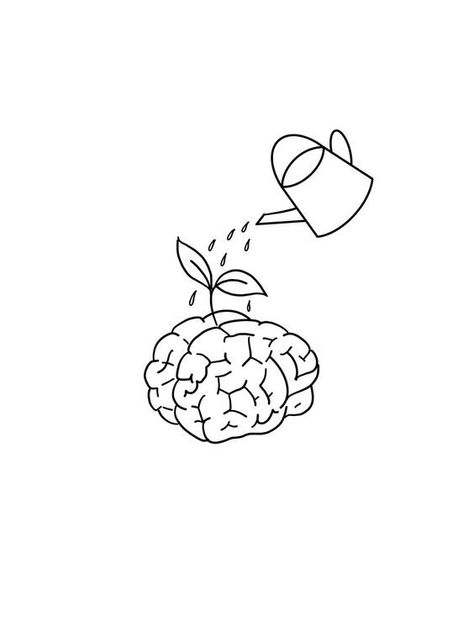 Tattoo Teacher Ideas, Watering Brain Tattoo, Teacher Line Art Drawing, Cute Minimalist Background, Teachers Tattoo Ideas, One Line Brain Tattoo, Tattoo For Teachers Ideas, Cute Brain Tattoo, Brain Line Tattoo