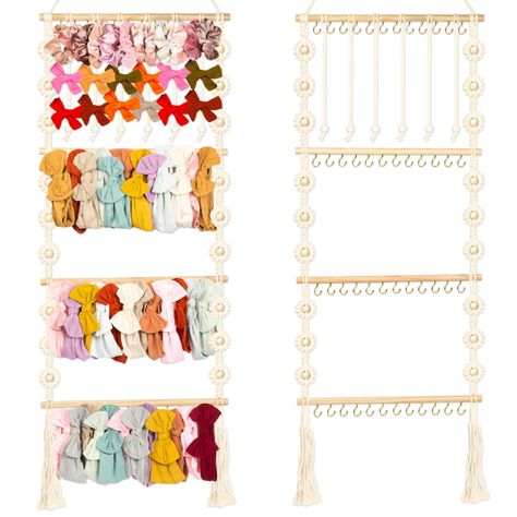 PRICES MAY VARY. Hair Bow Storage: Our XL bow holder for girls hair bows turns your cluttered messy drawer into a beautiful display. Designed for the girl with a bow for every outfit, families blessed with multiple little fashionistas, or twins, this hair bow organizer is a game-changer. With 48 hooks accommodating up to 96 headband bows and 6 slings ready to display 60 clip bows, it's elegance and organization in one. This versatile piece also serves as a headband holder, making it an all-in-on Macrame Bow, Hair Bow Storage, Bow Storage, Hair Bow Organizer, Headband Organizer, Hair Accessories Storage, Bow Hanger, Bow Organizer