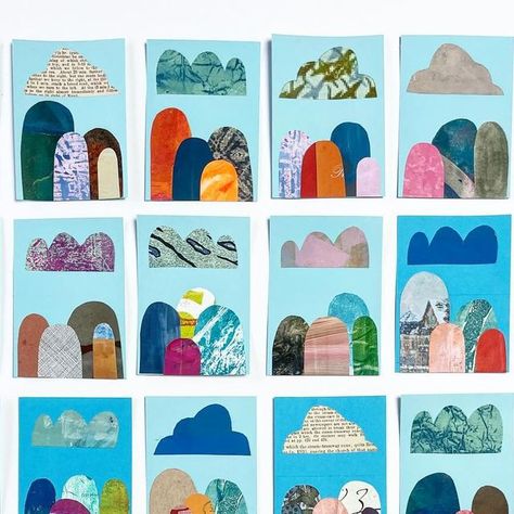 Jennifer Wilkin Penick on Instagram: "Tiny minimalist landscapes with clouds  30 tiny (2-1/2 x 3-1/2”) collage landscapes! Some of these will accompany my (sold out) collage landscape kits.  #minicollagecollective #minicollage #collage #collagelandscape #creativityjumpstart @mini.collage.collective #cloudart #clouds #landscapecollage #tinylandscape" Triangle Collage, Shelli Walters Collage, Collage Mountains Landscapes, Paper Collage Seascapes, Alice Lindstrom Paper Collages, Tiny Landscape, Collage Landscape, Cloud Art, Minimalist Landscape