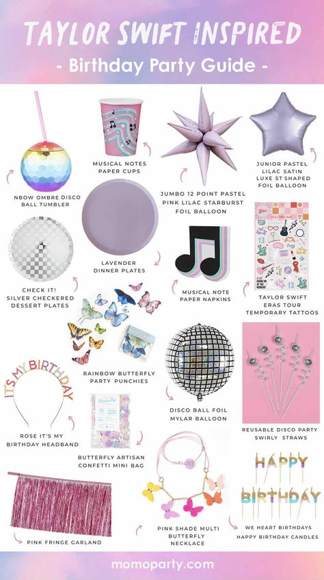 Get ready to party like Taylor at your birthday with these Taylor Swift inspired party goods featuring pastel tones, musical notes, disco balls, and her signature butterflies. This guide is perfect for Swiftie moms who want to make their child's next birthday party as unique and memorable as their idol. Don't wait for the next Taylor's Tour - let your kid be the star of their own Swift-tastic birthday party! Check out momoparty.com for more party ideas. T Swift Birthday, Taylor Swift 11th Birthday, Era Tour Party Ideas, Taylor Swift Birthday Party Outfit Ideas, Taylor Swift 13 Birthday Ideas, Taylor Swift Pool Birthday Party Ideas, Taylor Swift Party For Kids, Eras Tour Birthday Theme, Lover Era Birthday Party