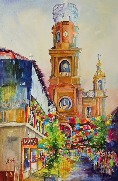 Puerto Vallarta, remember me.... This was in 2018 Spring Exhibition and made Utah Arts Traveling Show.  They exhibit about 25 watercolor pieces different place throughout Utah Mexico Art Print, Mexican Landscape Art, Spanish Culture Art, Mexico Painting Ideas, Mexican Mural Art, Mexico Culture Art, Mexico Drawing, Panchito Pistoles, Latina Lifestyle