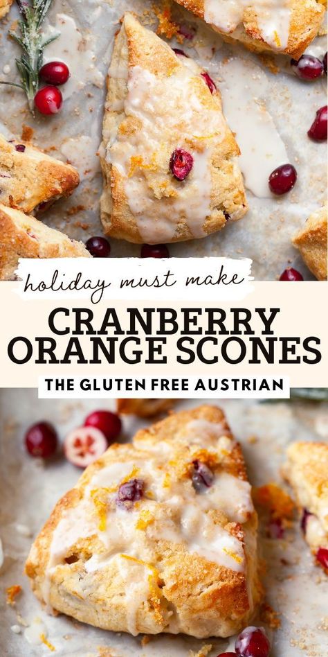 Just like all good scones, these Gluten Free Cranberry Orange Scones are tender, with a flaky, buttery crumb and crunchy edges. Made with fresh cranberries, freshly grated orange zest and finished with a sweet orange glaze they will quickly become a new holiday favorite. Serve them for breakfast, brunch, or whenever you're in the mood for a comforting, homemade treat. Keto Cranberry Orange Scones, Vegan Cranberry Scones, Gluten Free Orange Cranberry Scones, Cranberry Orange Muffins Gluten Free, Fall Brunch Ideas Gluten Free, Gluten Free Breakfast Treats, Gluten Free Cranberry Scones, Gluten Free Orange Cranberry Bread, Fall Baked Goods Gluten Free