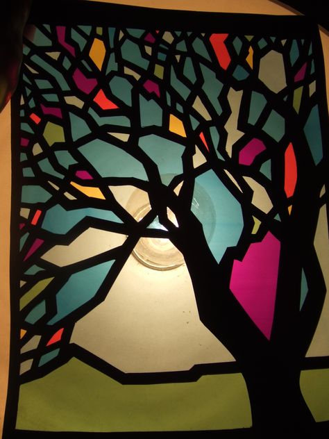 Tree cellophane art Cellophane Art Projects, Cellophane Art, Class Art Projects, Paper Installation, Library Programs, Cut Paper, Grade 4, Play Activities, Craft Time