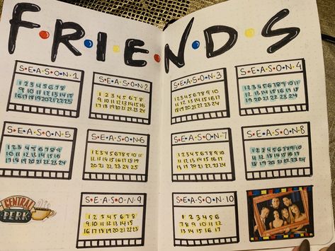 Bullet journal idea for tv show FRIENDS page (in netflix) Tv Show Journal Ideas, Bullet Journal Netflix List, Tv Show Journal Page, Friends Journal Page, Tv Show Bullet Journal, Friends Journal Ideas, Friend Journal Ideas, Tv Show Journal, Bullet Journal Netflix