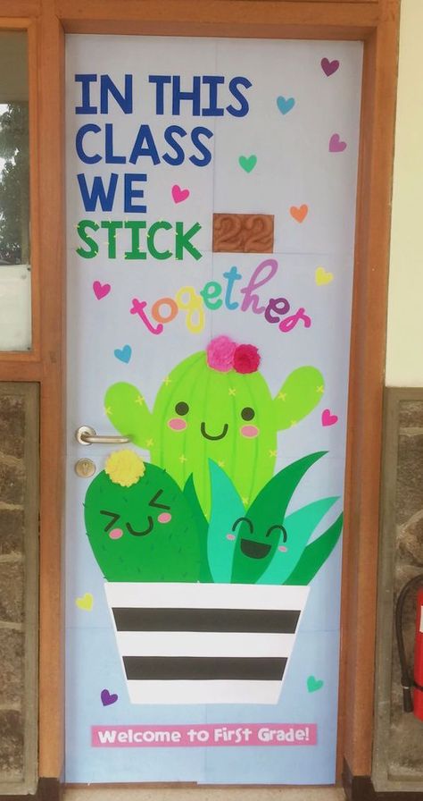 In This Class We Stick Together is a cute cactus theme door decor. This article also gives other cactus themed decorating ideas for the classroom! #doordecor #classroomthemes #cactusthemed Cactus Classroom Theme, Cactus Classroom, School Door Decorations, Preschool Bulletin, Preschool Bulletin Boards, Teacher Doors, School Doors, Toddler Classroom, Back To School Bulletin Boards