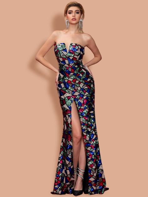 Free Returns ✓ Free Shipping On Orders $49+ ✓. Missord Notch Collar High Split Geo Sequin Dress- Women Dresses at SHEIN. Queen Gown, Special Event Outfit, Gorgeous Maxi Dresses, Sequin Wedding, Sequin Maxi Dress, Drag Queens, Full Length Dress, Evening Formal, Maxi Dress Evening