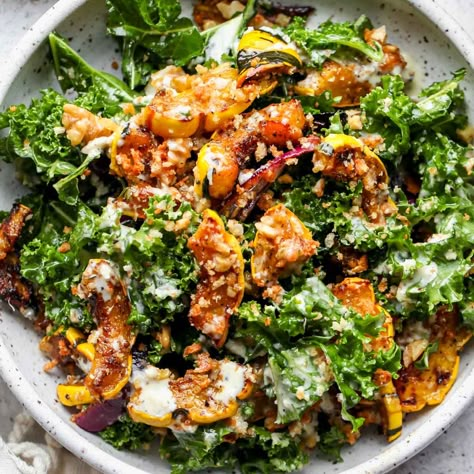 Kale Ranch Salad, Squash Kale Salad, Delicate Squash Salad, Fall Salad With Delicata Squash, Roasted Butternut Squash Kale Salad, Roasted Delicata Squash And Farro Salad, Roasted Delicata Squash Harvest Kale Salad, Soup And Salad Combo, Autumn Salad Recipes