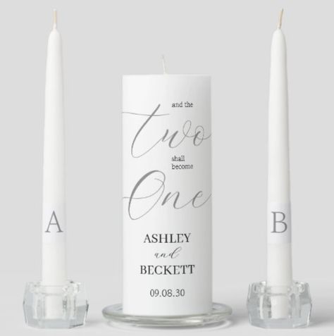 This modern script "Two Shall Become One" unity candle set with the bride and groom's names and initials as well as the wedding date is ideal for the the candle lighting ceremony at your wedding. It has side candles for the mothers/parents to light and a central candle for the bride and groom to light. It's beautiful, simple design it's perfect for any wedding. Using these candles at your ceremony will provide that extra special moment for all present. And, they make a lovely keepsake. Diy Unity Candle Wedding, Candle Light Wedding, Candle Lighting Ceremony, Unity Candle Ceremony, Candle Modern, Candle Sets, Chic Candles, Candle Obsession, Candle Lighting