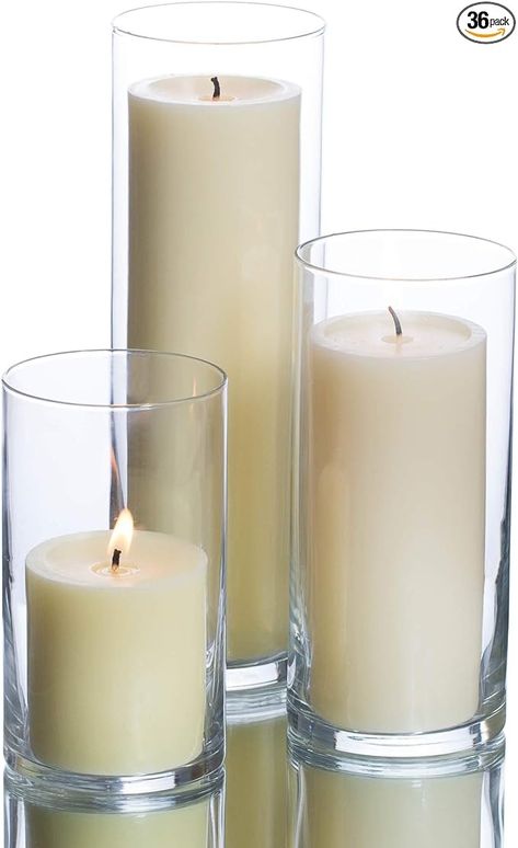 Amazon.com: Set of 36 Glass Eastland Cylinder Vases and 36 Ivory Richland Pillar Candles 3" : Home & Kitchen Cylinder Candles, Corporate Events Decoration, Wedding Floral Centerpieces, Cylinder Vase, Flameless Candles, 2024 Trends, Floral Centerpieces, Event Decor, Pillar Candles