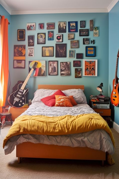 Musician-themed bedroom design. Bedroom Music Studio Ideas, Musician Bedroom, Bedroom Music Studio, Rock Bedroom, Music Themed Bedroom, Unique Bedside Tables, Music Bedroom, Cool Comforters, Sleek Furniture