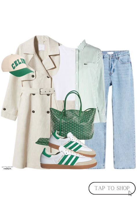 Stripe Green Shirt Outfit, Sporty And Rich Samba Outfit, Adidas Samba Sporty And Rich Outfit, Samba Green Stripes, Green Adidas Outfit Women, Outfit With Striped Shirt, Goyard Outfit Street Style, Green Stripes Shirt Outfit, Sporty Rich Outfits