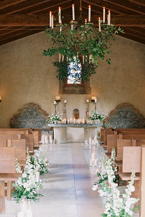 Old World Romance in California | Stitch & Tie | Stitch & Tie Flowers For Ceremony, Chapel Ceremony, Church Wedding Flowers, Ceremony Aisle, Church Wedding Decorations, Aisle Flowers, Health Spa, Indoor Ceremony, European Wedding