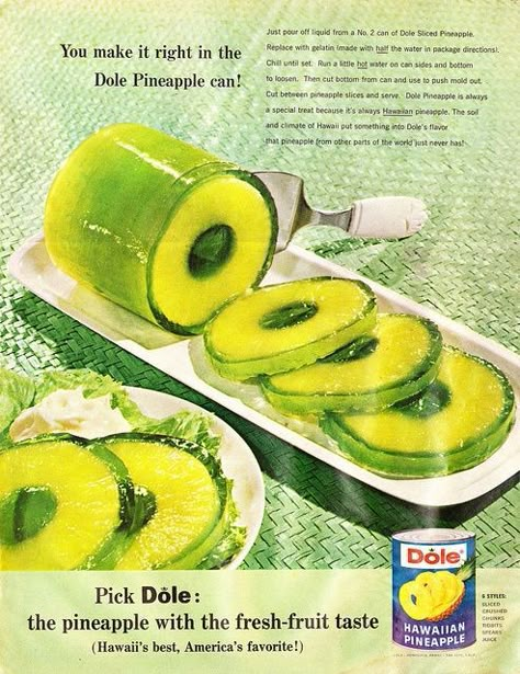 Happier Than A Pig In Mud: Vintage Canned Dole Pineapple Slices in Jello-1950's Advertisement Sliced Pineapple, Pineapple Jello, Dole Pineapple, Brownie Desserts, Pineapple Slices, Jello Recipes, Diet Vegetarian, Snacks Für Party, Retro Recipes