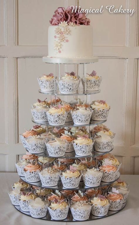 Vintage glamour wedding cake and cupcakes | Flickr - Photo Sharing! Wedding Cake Vs Cupcakes, Cupcake Wedding Cake, Vintage Wedding Cupcakes, Blush And Grey Wedding, Vintage Glamour Wedding, 5 Tier Wedding Cakes, Gray Wedding Cake, Cupcake Tier, Cupcake Tower Wedding