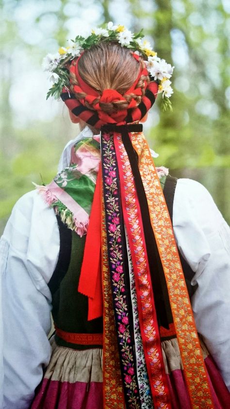 Swedish folklore, Albo Härad, Skåne (Scania). the womans hair is tied up in a so called "oppbindning" with red ribbons and a red and black "piglock" decorated with beautiful, patterned silk ribbons. Swedish Traditional Dress, Slavic Folk Clothing, Traditional Scandinavian Clothing, Swedish Folk Dress, Traditional Swedish Clothing, Swedish Traditional Clothing, Swedish Clothes, Baltic Fashion, Polish Traditional Costume