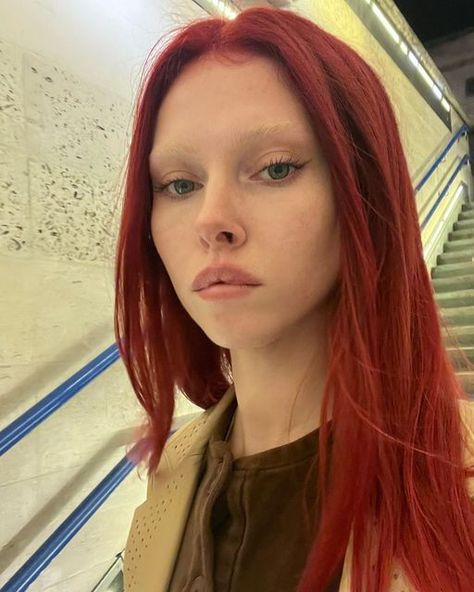 Red Hair Blonde Eyebrows, Bleached Eyebrows Pink Hair, Bleached Brows Red Hair, Red Hair Eyebrows, Red Hair Bleached Eyebrows, No Eyebrow Makeup Look, Dyed Eyebrows Colors, No Eyebrows Aesthetic, No Eyebrows Look