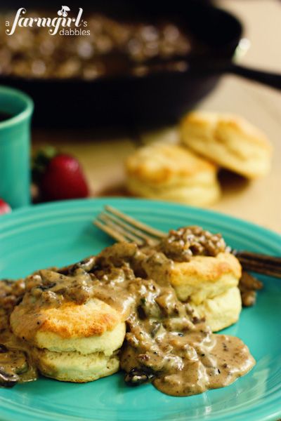 Biscuits with Sausage and Mushroom Gravy - www.afarmgirlsdabbles.com @farmgirlsdabble Homemade Biscuits And Gravy, Biscuits And Gravy Recipe, Sausage Mushroom, Sausage Gravy Recipe, Sausage Biscuits, Dried Thyme, Classic Breakfast, Mushroom Gravy, Gravy Recipe