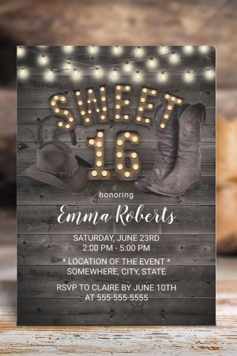 Cowgirl Rustic Barn Wood Western Sweet 16 Invitation Sweet 16 Horse Theme, Country Sweet 16 Party Ideas, Sweet 16 Western Theme Ideas, Western Sweet 16, Country Sweet 16, Invitations Sweet 16, Country Birthday Party, Country Themed Parties, Sweet Sixteen Birthday Party Ideas