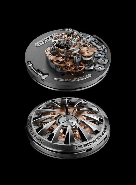 MB&F HM7 "Aquapod" - the movement of the HM7 features a winding rotor, mainspring barrel, hour and minute indicators, and flying tourbillon, all concentrically mounted around a central axis and rotating concentrically around it. Luxury Classic Watches With Automatic Movement, Luxury Automatic Movement Watches With Round Dial, Luxury Designer Chronograph Watch With Automatic Movement, Mechanical Watch Movement, Luxury Antique Watch With Automatic Movement, Skeleton Watches, Timex Watches, Swiss Army Watches, Amazing Watches