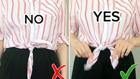 Melbourne fashion blogger reveals easy trick for tying a neat knot in your shirt Tie Knot In Shirt, How To Tie A Blouse Knot, Tie Shirt Knot, How To Tie A Shirt Knot, How To Tie A Shirt, Basic White Blouse, Tie Knot Dress, Tie A Shirt, Shirt Knot