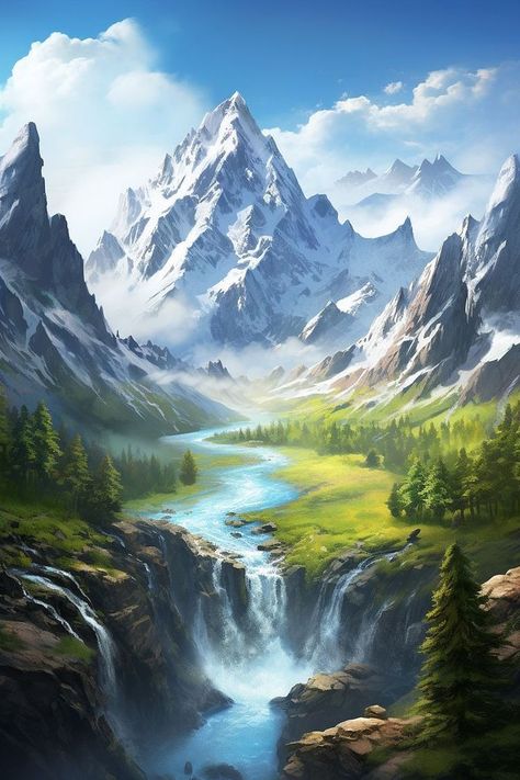 Waterfall Paintings, Mountain Landscape Painting, Waterfall Landscape, River Painting, Dreamy Landscapes, River Art, Majestic Mountains, Landscape Art Painting, Clear Blue Sky