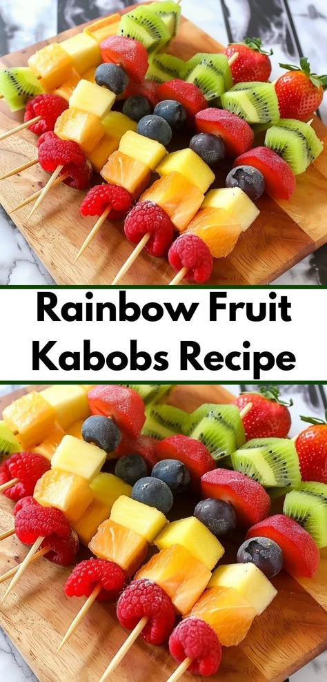 Looking for kids party food? Our Rainbow Fruit Kabobs Recipe is ideal! Colorful fruit kabobs for party fun, perfect as a healthy dessert recipe. Kabobs For Party, Rainbow Fruit Kabobs, Fruit Skewers, Fruit Kabobs, Kabob Recipes, Rainbow Fruit, Refreshing Desserts, Kids Party Food, Fruit Salad Recipes