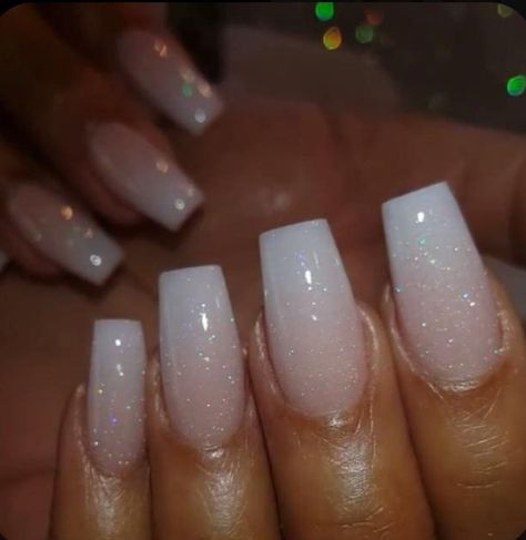 Glitter Acrylic Overlay Nails, White Ombré Christmas Nails, French Ombré With Glitter, Acrylic Nail Designs Glitter Ombre Sparkle French Tips, White Sparkle Nails Glitter, Sparkly White Acrylic Nails, White Sparkle French Tip Nails, White Sparkle Nails Acrylic, Milky White Ombre Nails